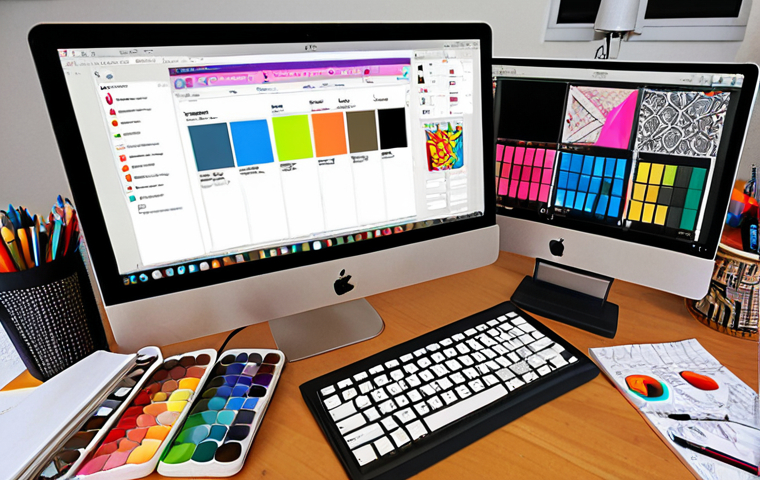 ** A product designer's desk cluttered with design tools (sketchbooks, color swatches, a computer with design software open), emphasizing the importance of mastering design fundamentals like color psychology, typography, and layout. Focus on vibrant colors and a sense of organized chaos.
**